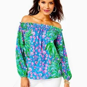 Lilly Pulitzer  Size  Medium Blakley Off The Shoulder Top Shirt Blouse Turquoise